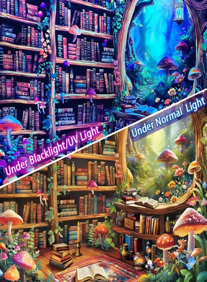 Lahasbja Blacklight Bookshelf Tapestry UV Reactive Magical Library Wall Hanging Fantasy Fairy Mushroom Forest Wall Tapestries Aesthetic Plants Bookcase Background for Bedroom - Image 5